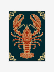 Ornate red-orange lobster illustration with gold details on dark teal background, portrait orientation