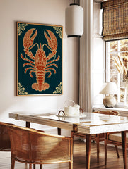 Ornate red-orange lobster illustration with gold details on dark teal background, portrait, in a styled room mockup