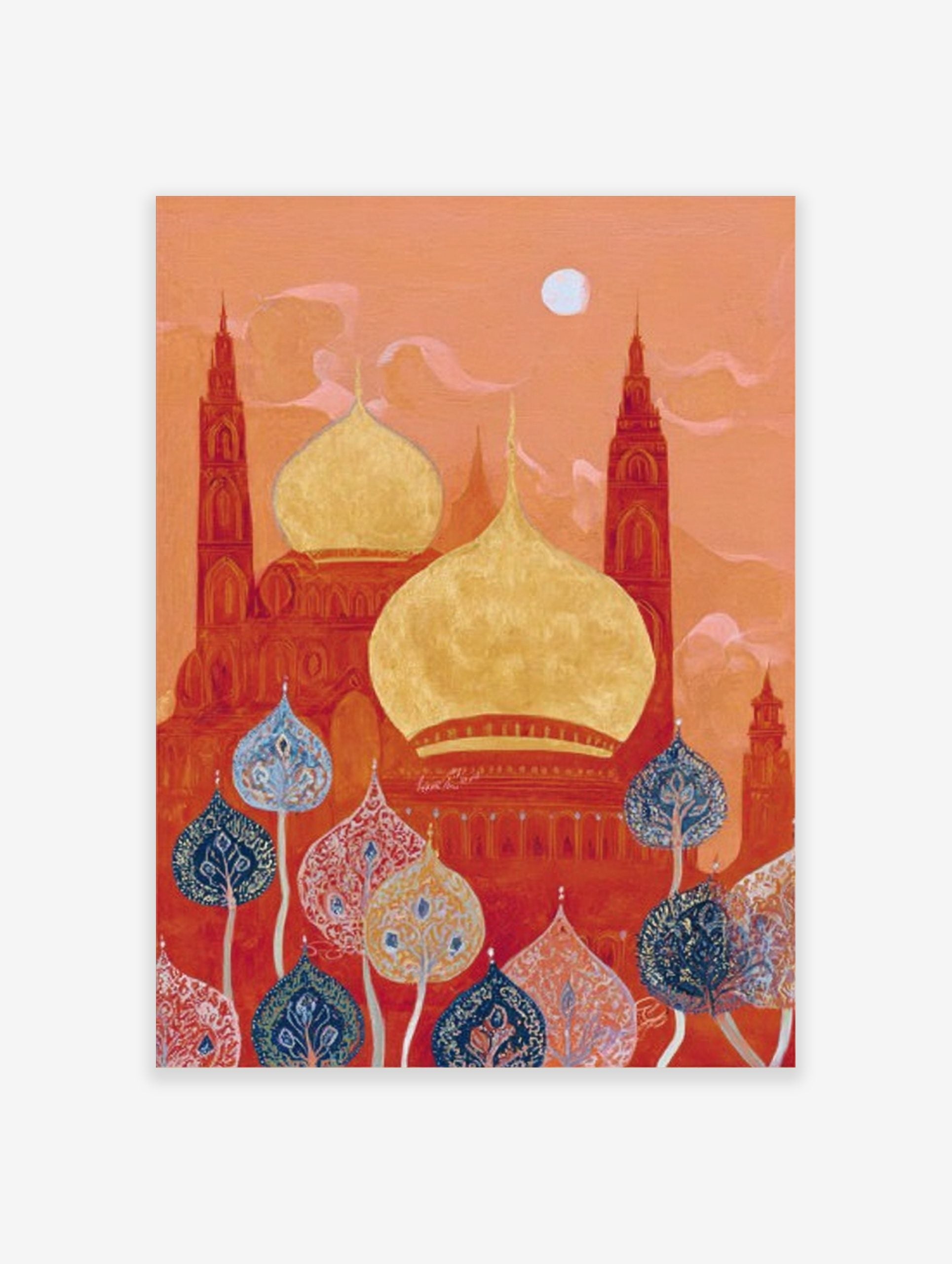 Ornate red and gold mosque domes with tall towers under an orange sky, with blue and red decorative trees in the foreground