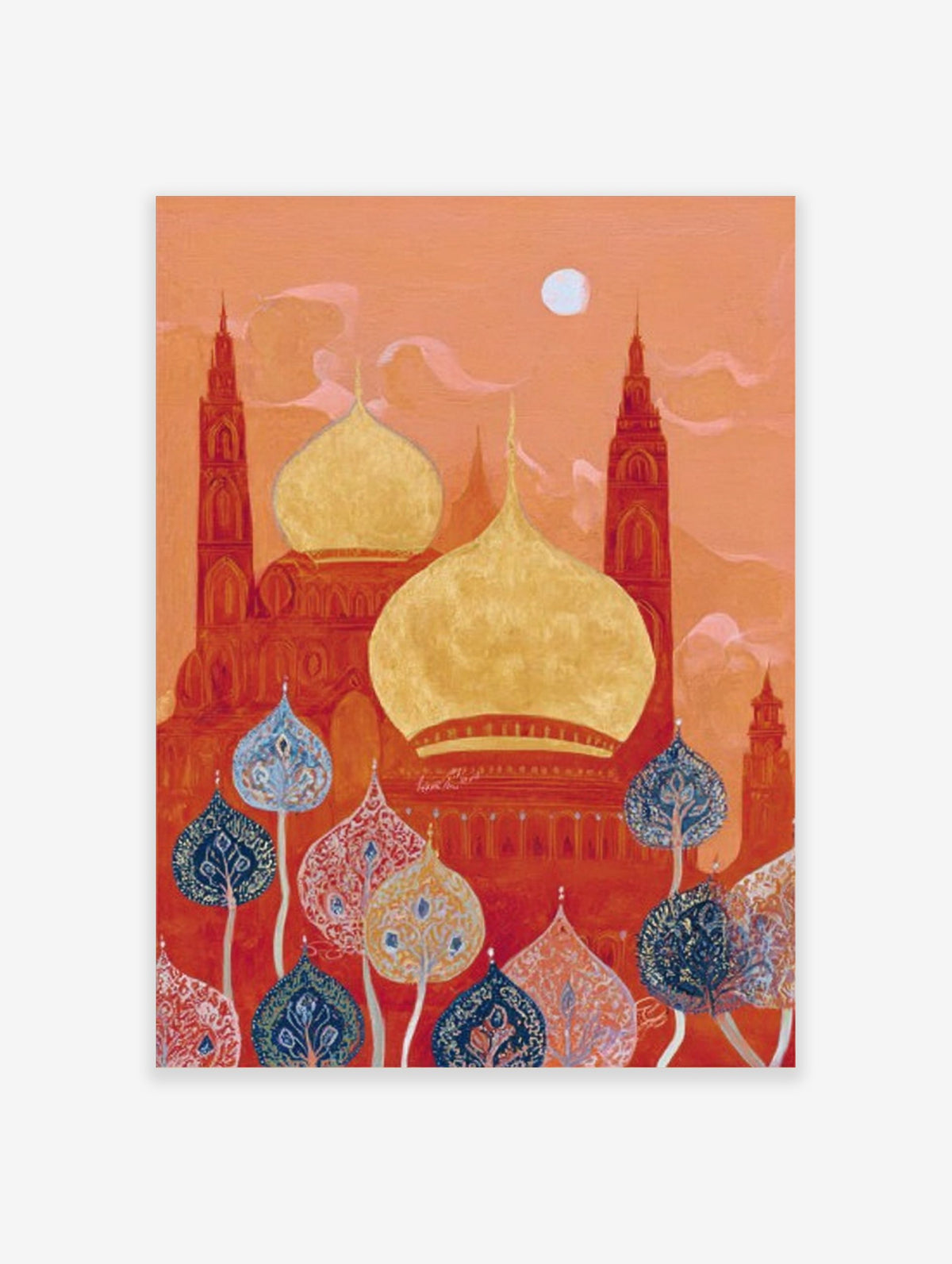 Ornate red and gold mosque domes with tall towers under an orange sky, with blue and red decorative trees in the foreground