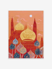 Ornate red and gold mosque domes with tall towers under an orange sky, with blue and red decorative trees in the foreground