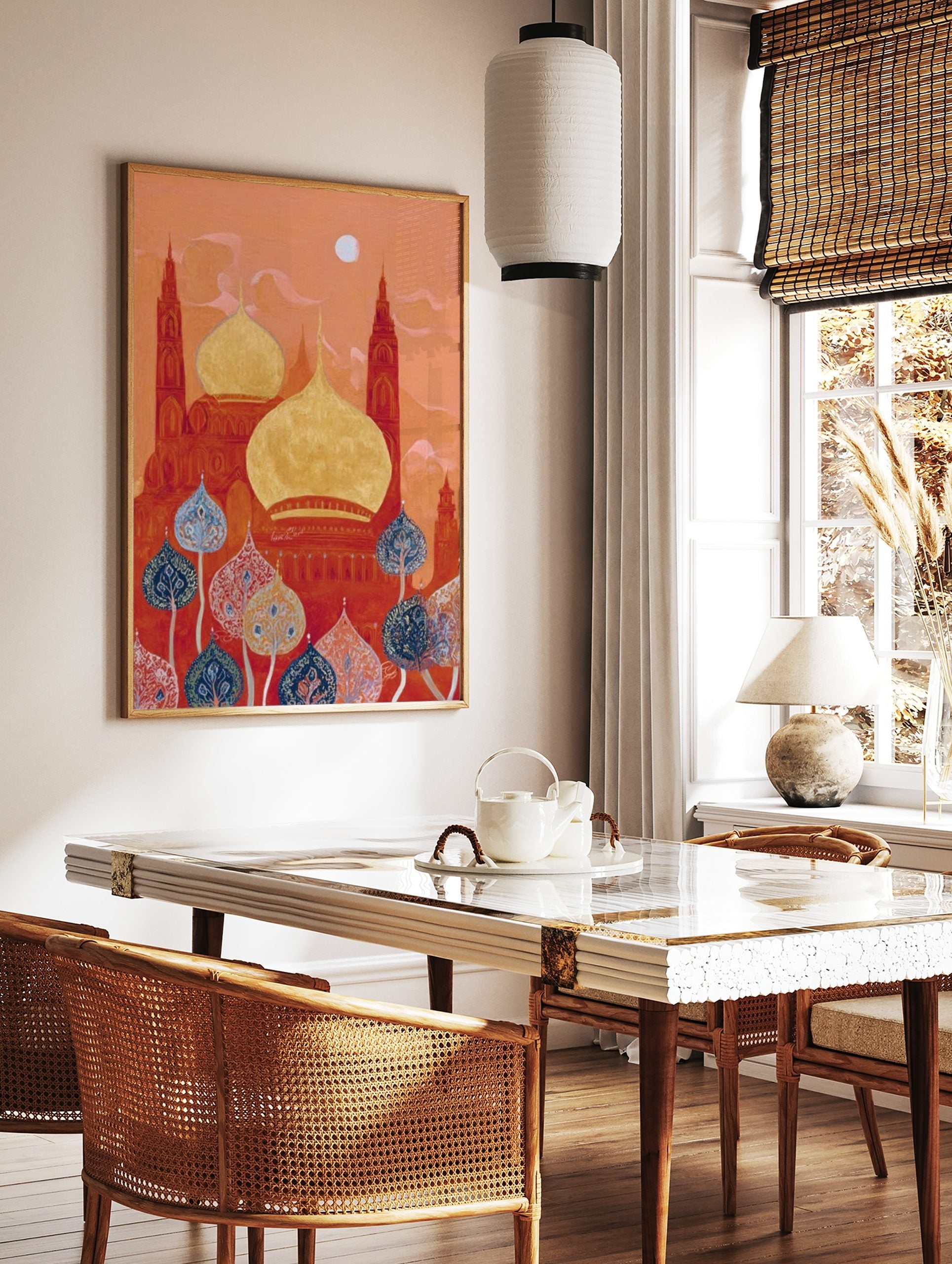 Ornate red and gold mosque domes with tall towers under an orange sky, with blue and red decorative, in a styled room mockup