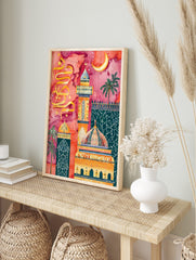 Ornate Islamic mosque minaret and dome with golden Arabic calligraphy against a vibrant pink, in an alternate framed mockup