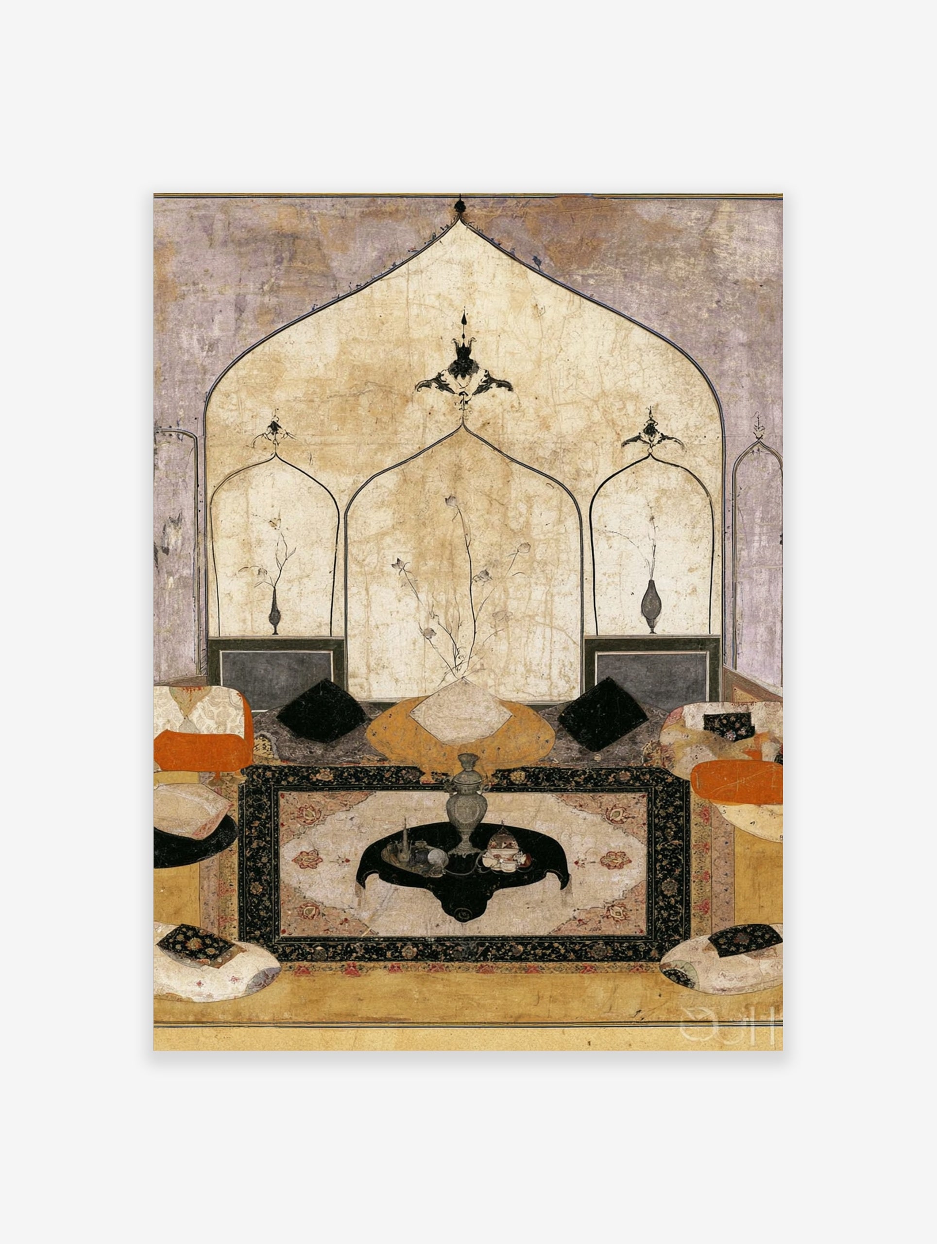 Detailed Mughal interior painting with architectural arches, vases, and cushions in beige and black tones