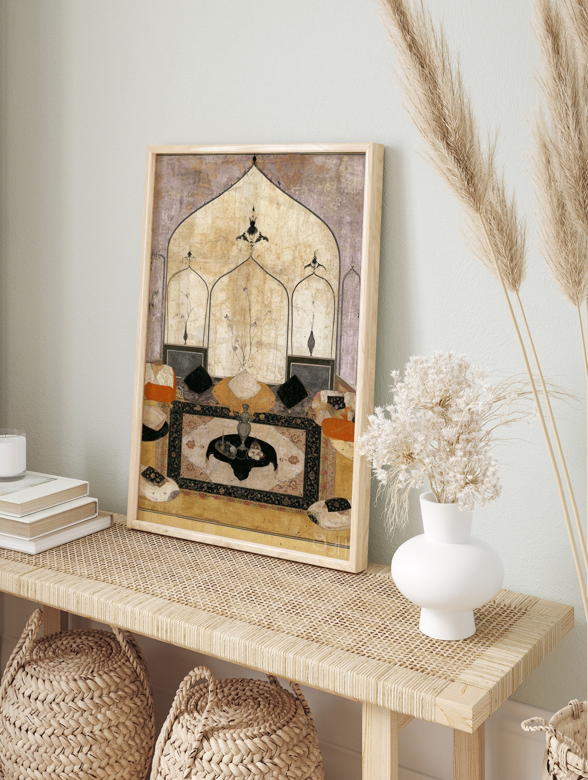 Detailed Mughal interior painting with architectural arches, vases, and cushions in beige and, in an alternate framed mockup