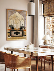 Detailed Mughal interior painting with architectural arches, vases, and cushions in beige and black, in a styled room mockup