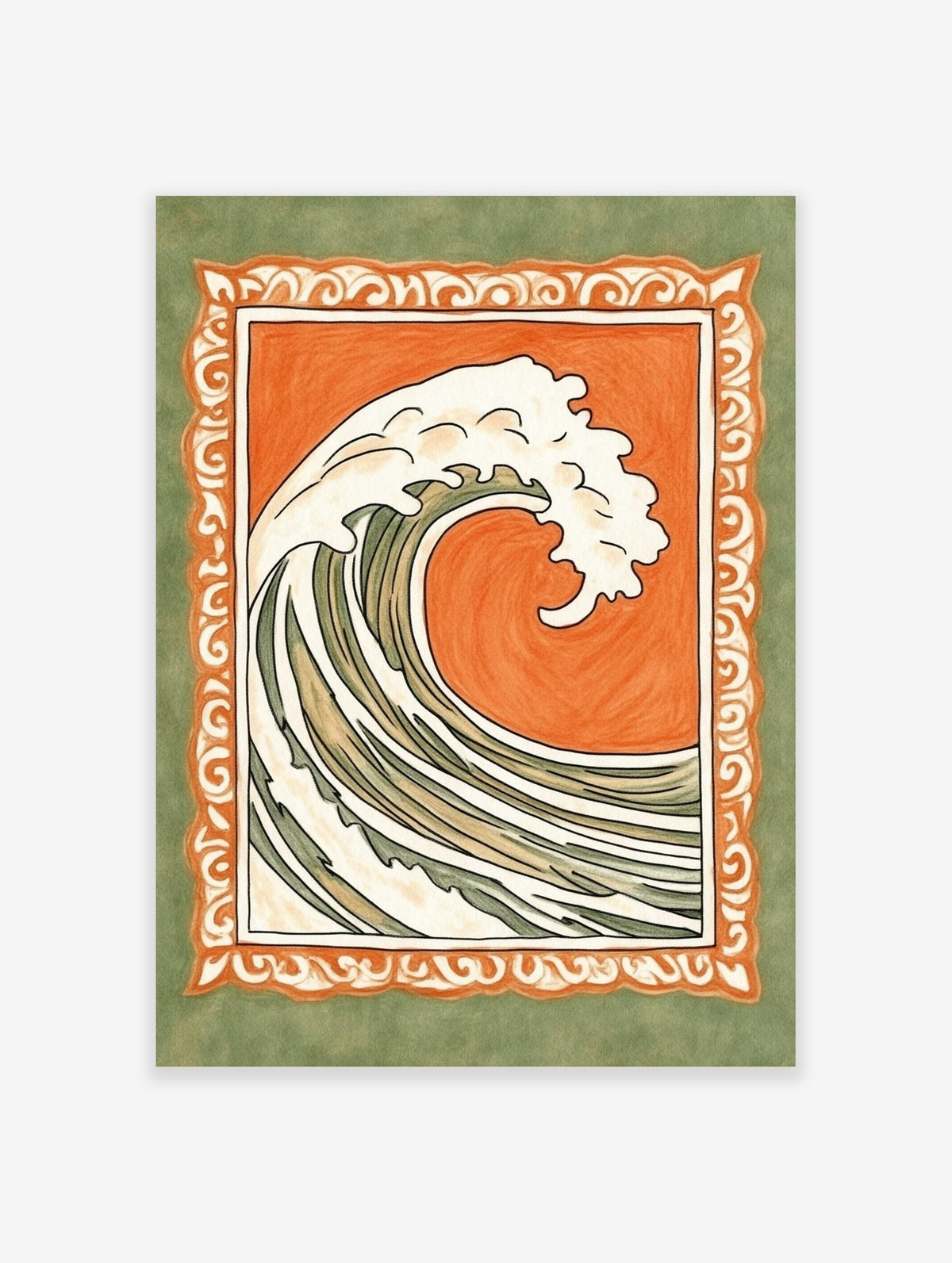 Stylised ocean wave illustration with white foam, orange background, and ornate green border in portrait orientation