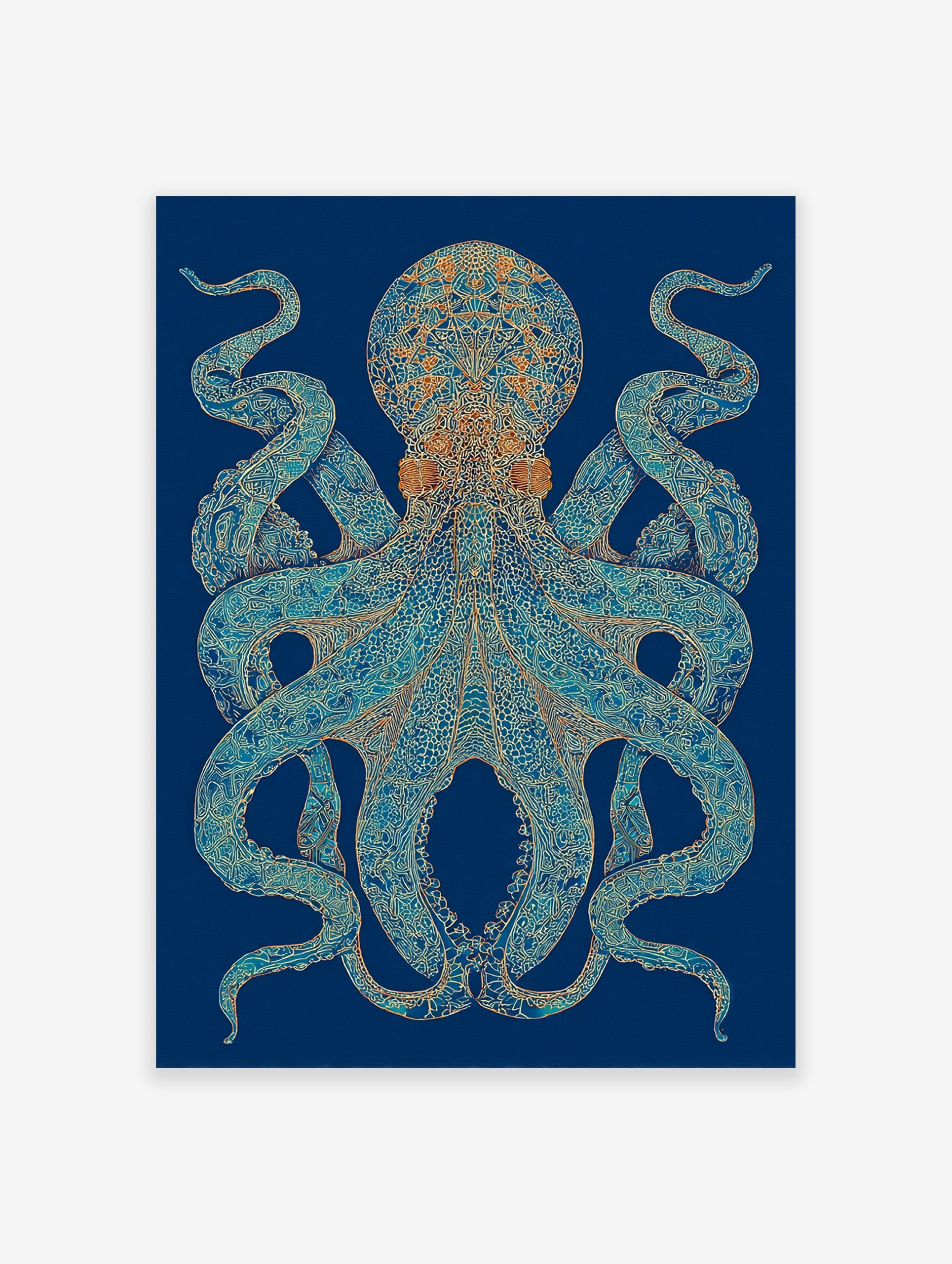 Ornate teal and gold octopus wall art with intricate mandala-like patterns on a dark blue background.