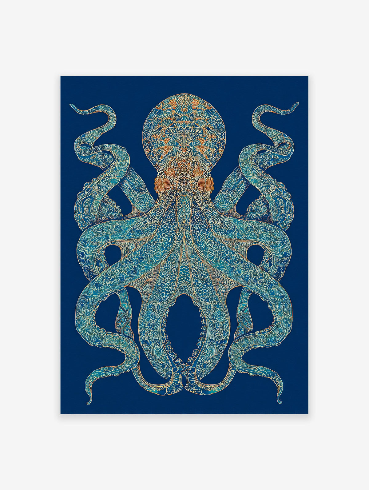 Ornate teal and gold octopus wall art with intricate mandala-like patterns on a dark blue background.