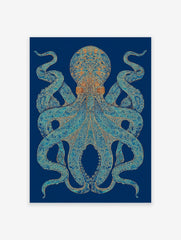 Ornate teal and gold octopus wall art with intricate mandala-like patterns on a dark blue background.