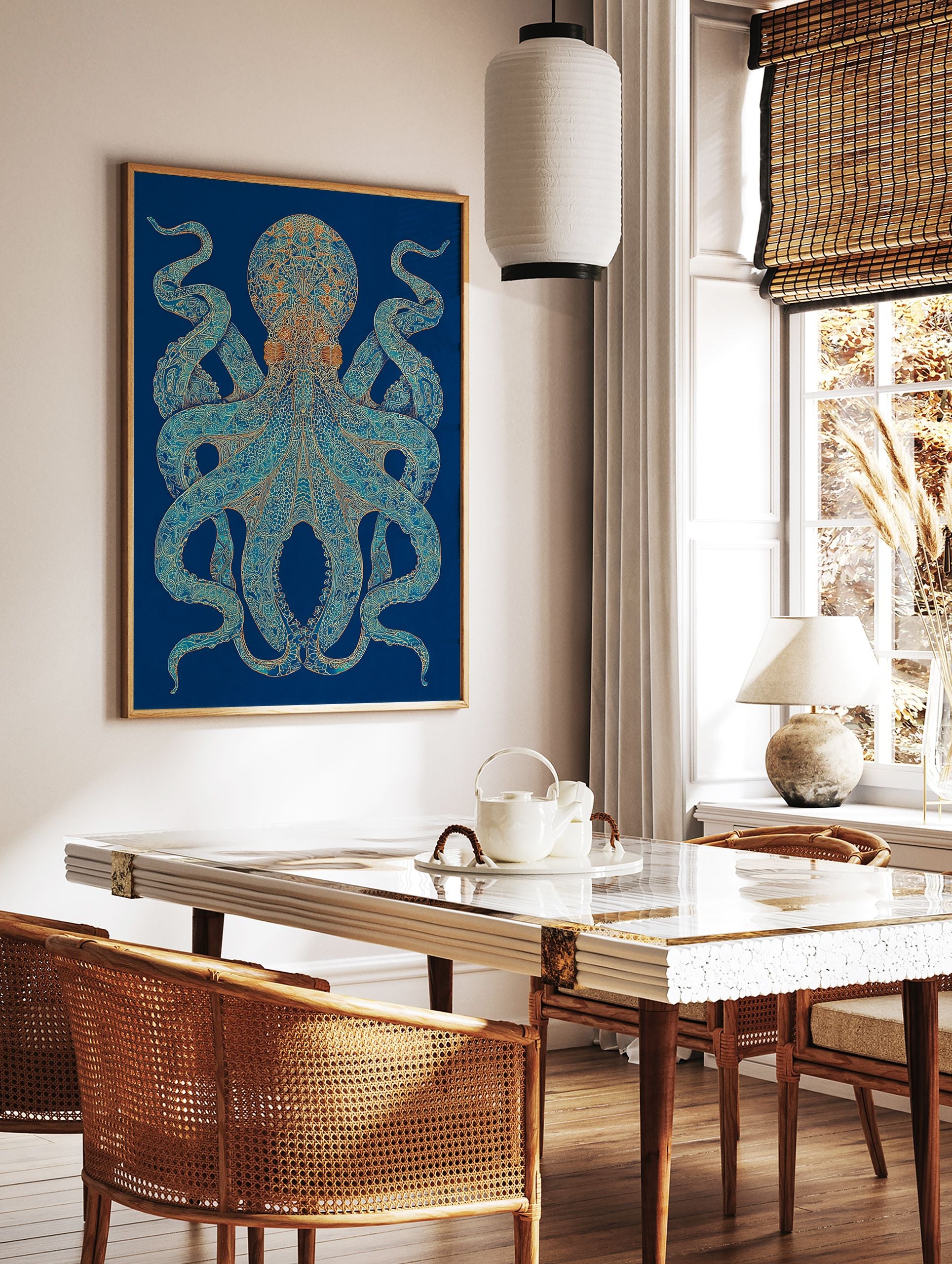 Ornate teal and gold octopus wall art with intricate mandala-like patterns on a dark blue background. - Image 2