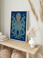 Ornate teal and gold octopus wall art with intricate mandala-like patterns on a dark blue background. - Image 3