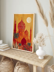 Ornate red and orange Indian-style palace with domes, minarets, green palm trees, and full, in an alternate framed mockup