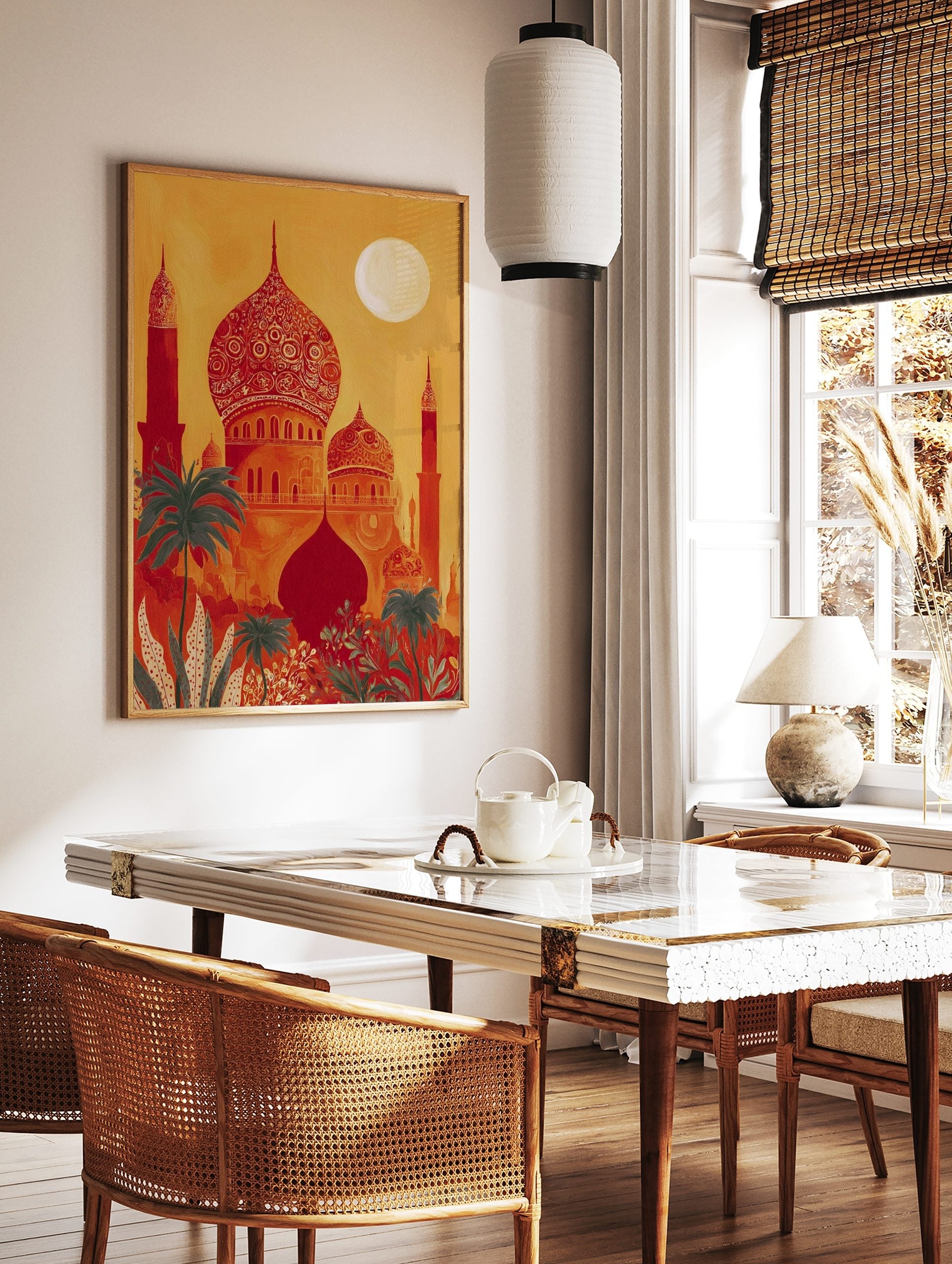 Ornate red and orange Indian-style palace with domes, minarets, green palm trees, and full moon in, in a styled room mockup