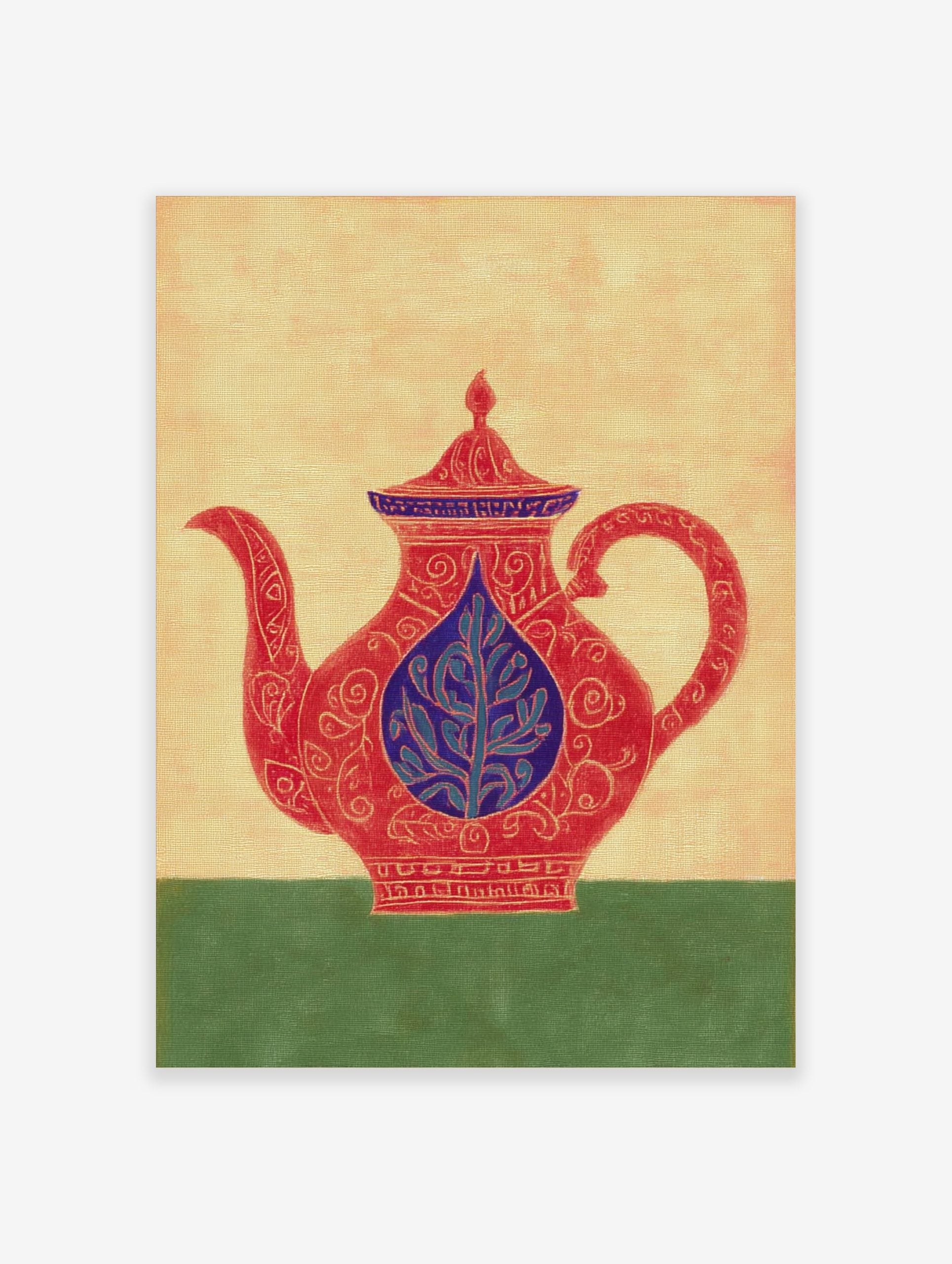 Ornate red teapot illustration with blue lid and central leaf motif, on a beige background with green base