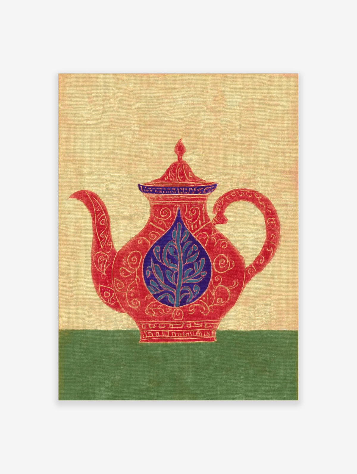 Ornate red teapot illustration with blue lid and central leaf motif, on a beige background with green base