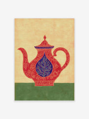 Ornate red teapot illustration with blue lid and central leaf motif, on a beige background with green base