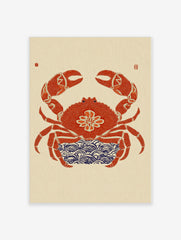 Ornate red crab art print with Japanese wave pattern and seals on a cream background, portrait orientation
