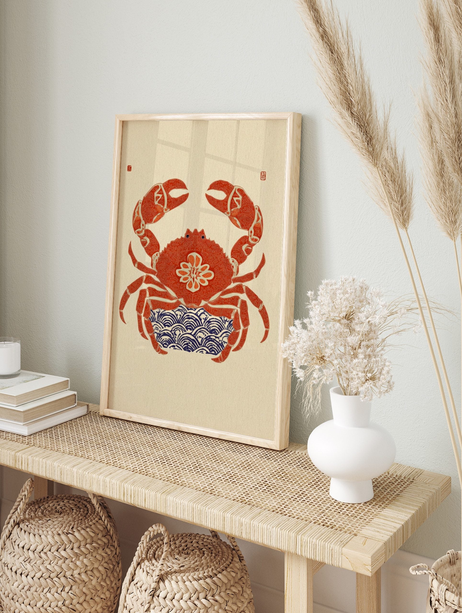 Ornate red crab art print with Japanese wave pattern and seals on a cream background, in an alternate framed mockup