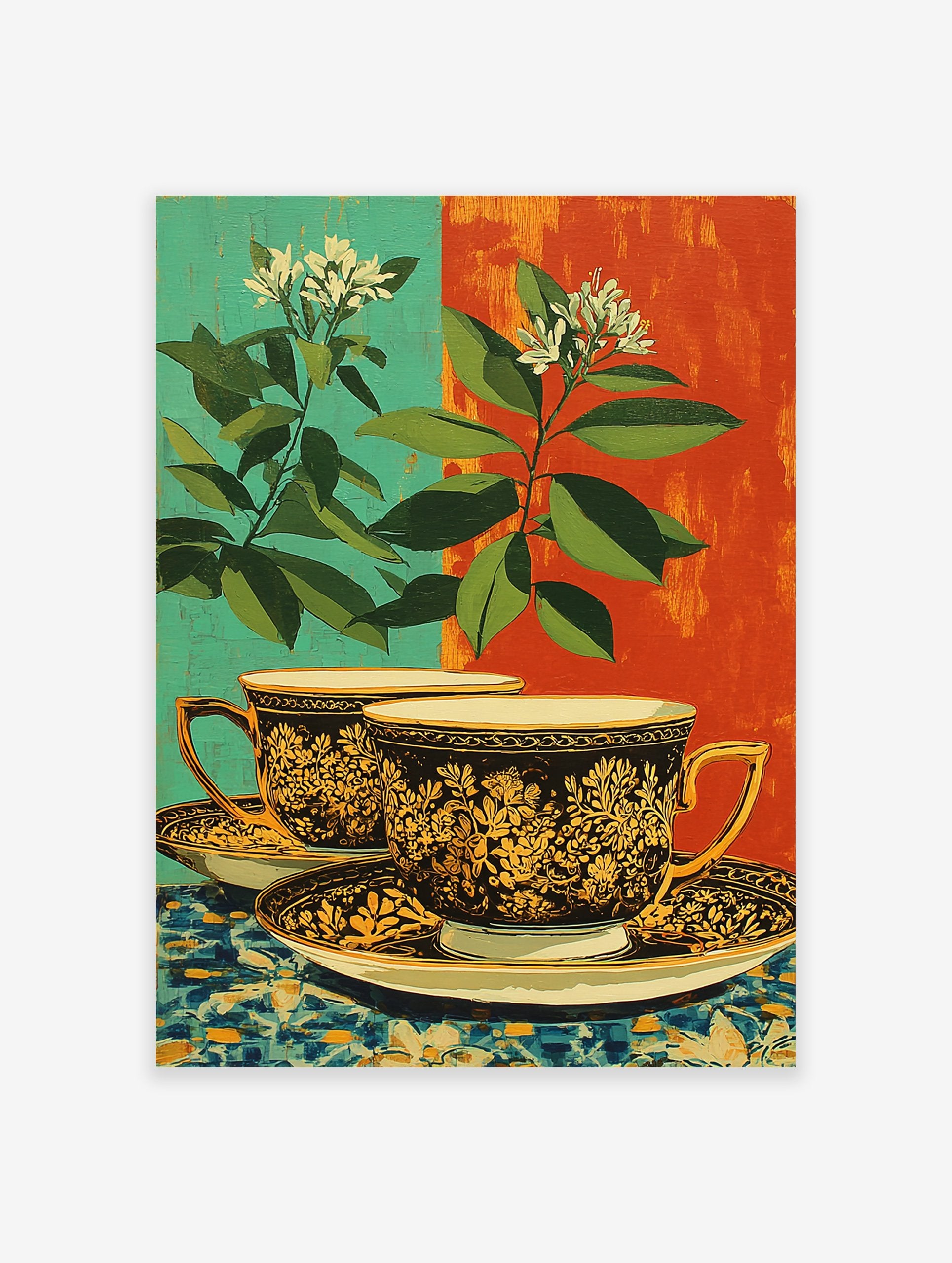 Ornate teacup poster with gold floral design, green leaves, white flowers, and a split teal and orange background.