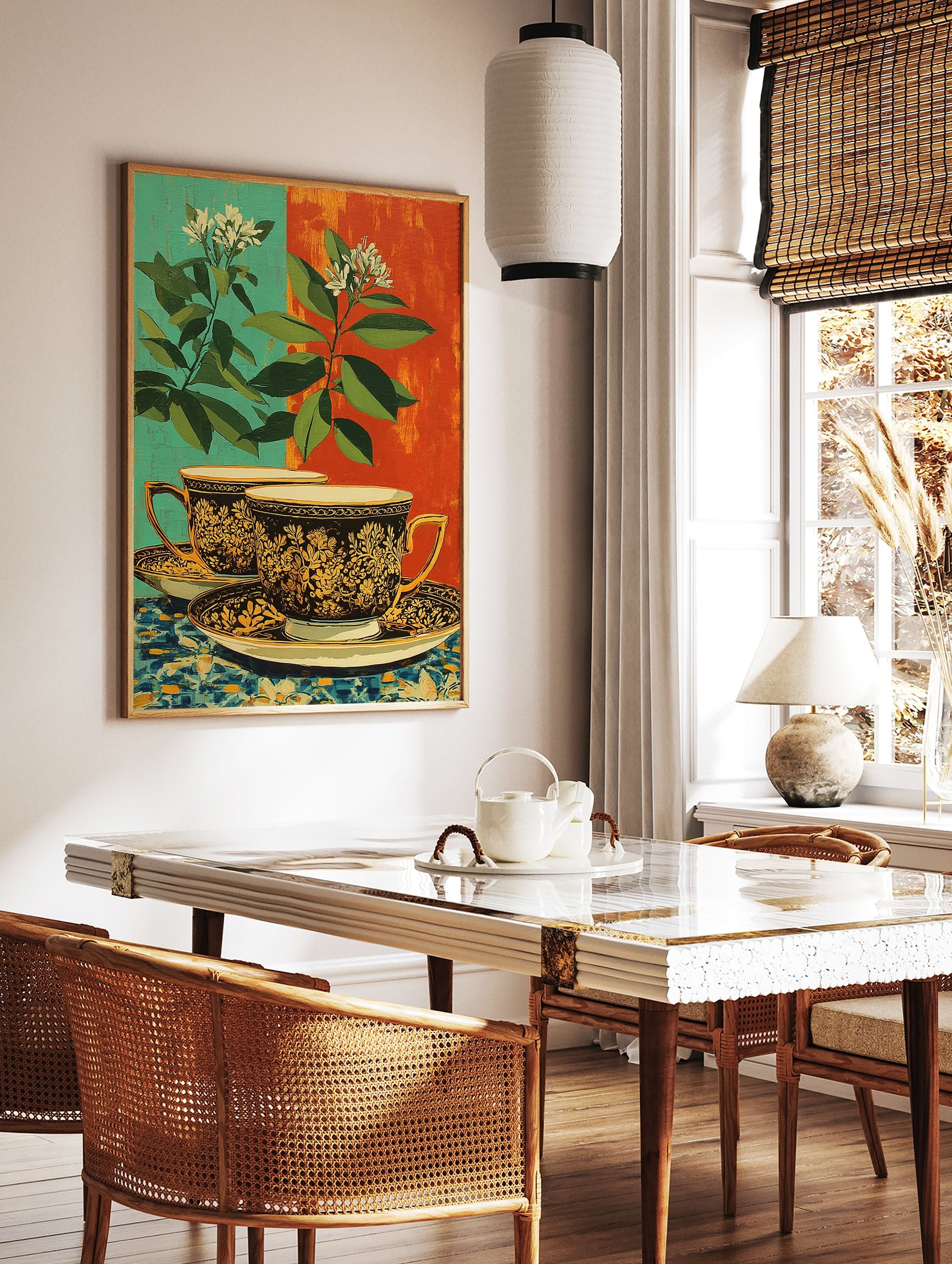 Ornate teacup poster with gold floral design, green leaves, white flowers, and a split teal and orange background. - Image 2