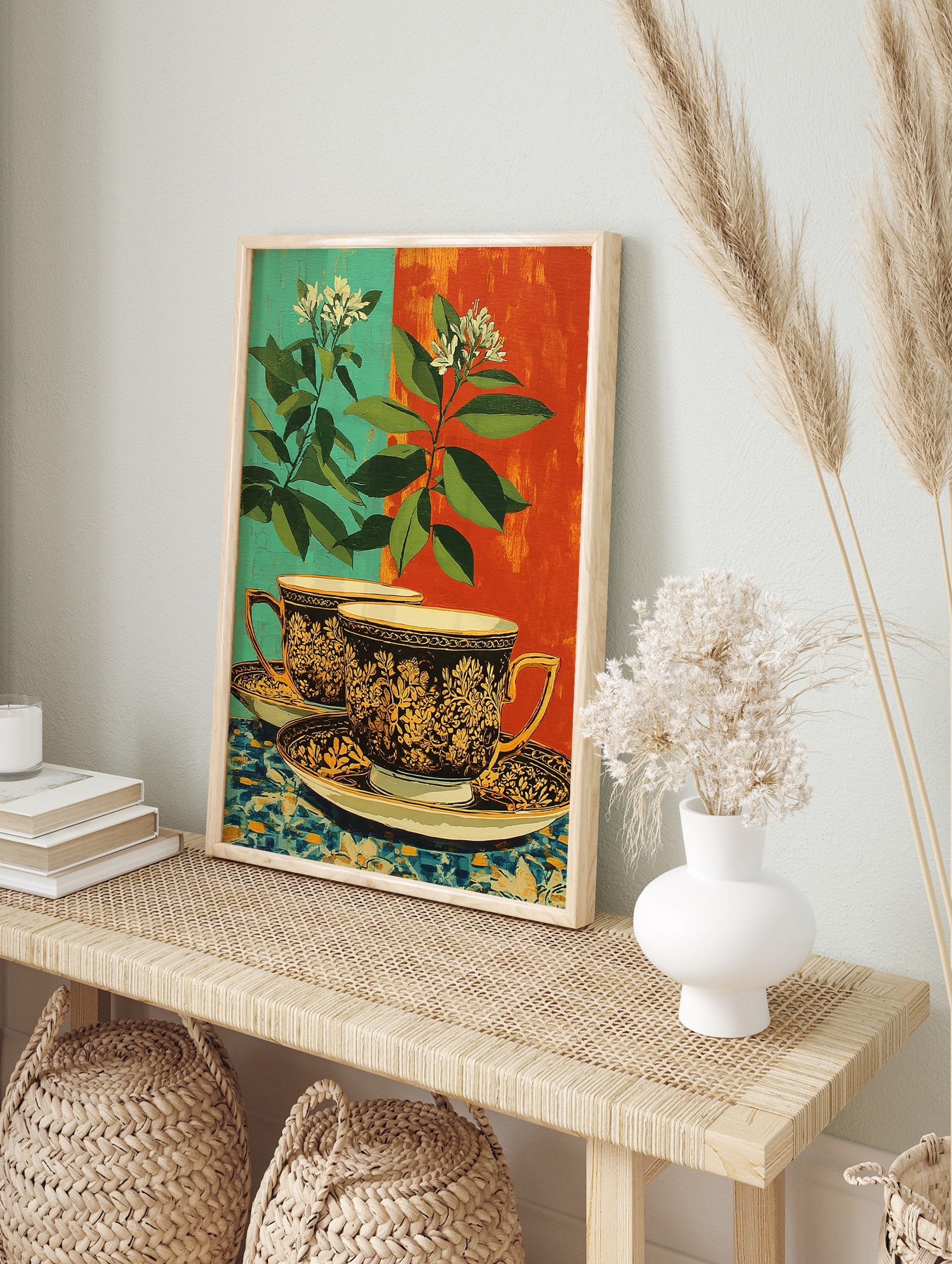 Ornate teacup poster with gold floral design, green leaves, white flowers, and a split teal and orange background. - Image 4