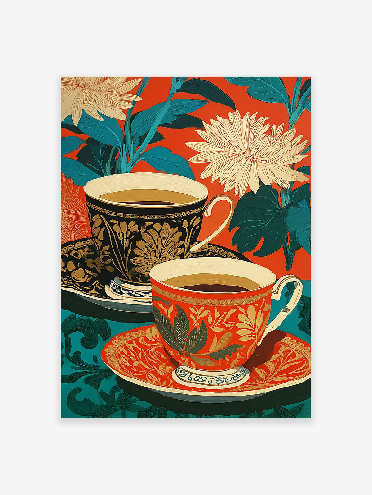Ornate teacups poster with red and teal floral background, featuring golden patterns on black and red cups.