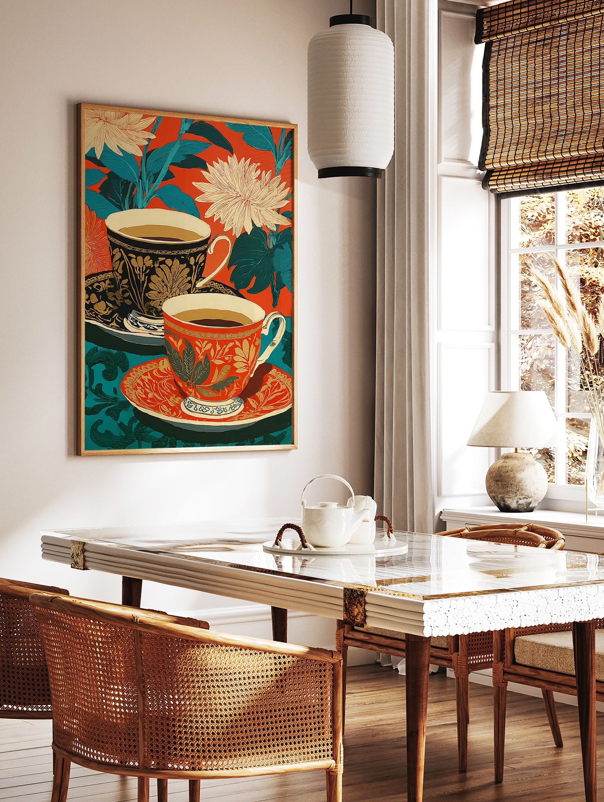 Ornate teacups poster with red and teal floral background, featuring golden patterns on black and red cups. - Image 2