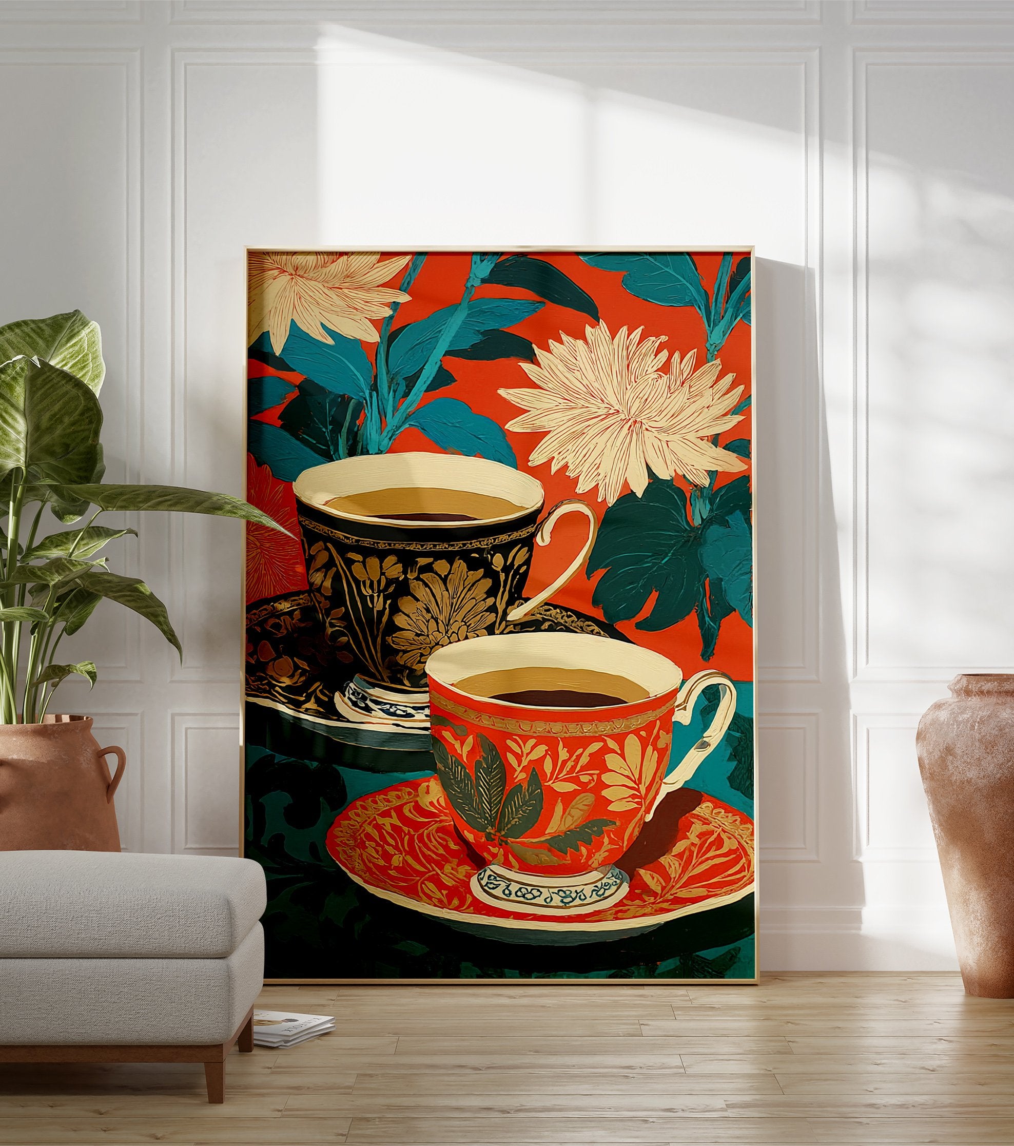 Ornate teacups poster with red and teal floral background, featuring golden patterns on black and red cups. - Image 3