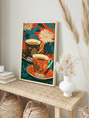 Ornate teacups poster with red and teal floral background, featuring golden patterns on black and red cups. - Image 4