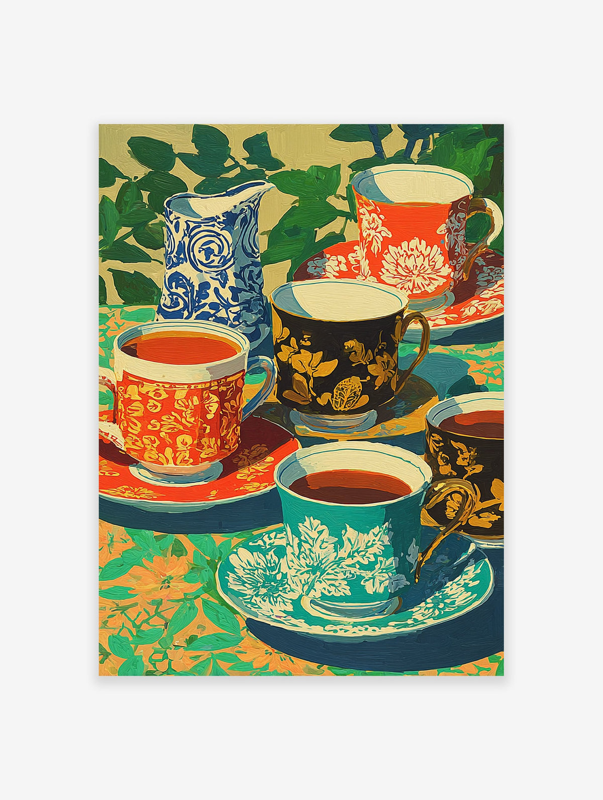 Vibrant ornate teacups poster depicting a modern still life painting with patterned cups, a blue pitcher, and green foliage.