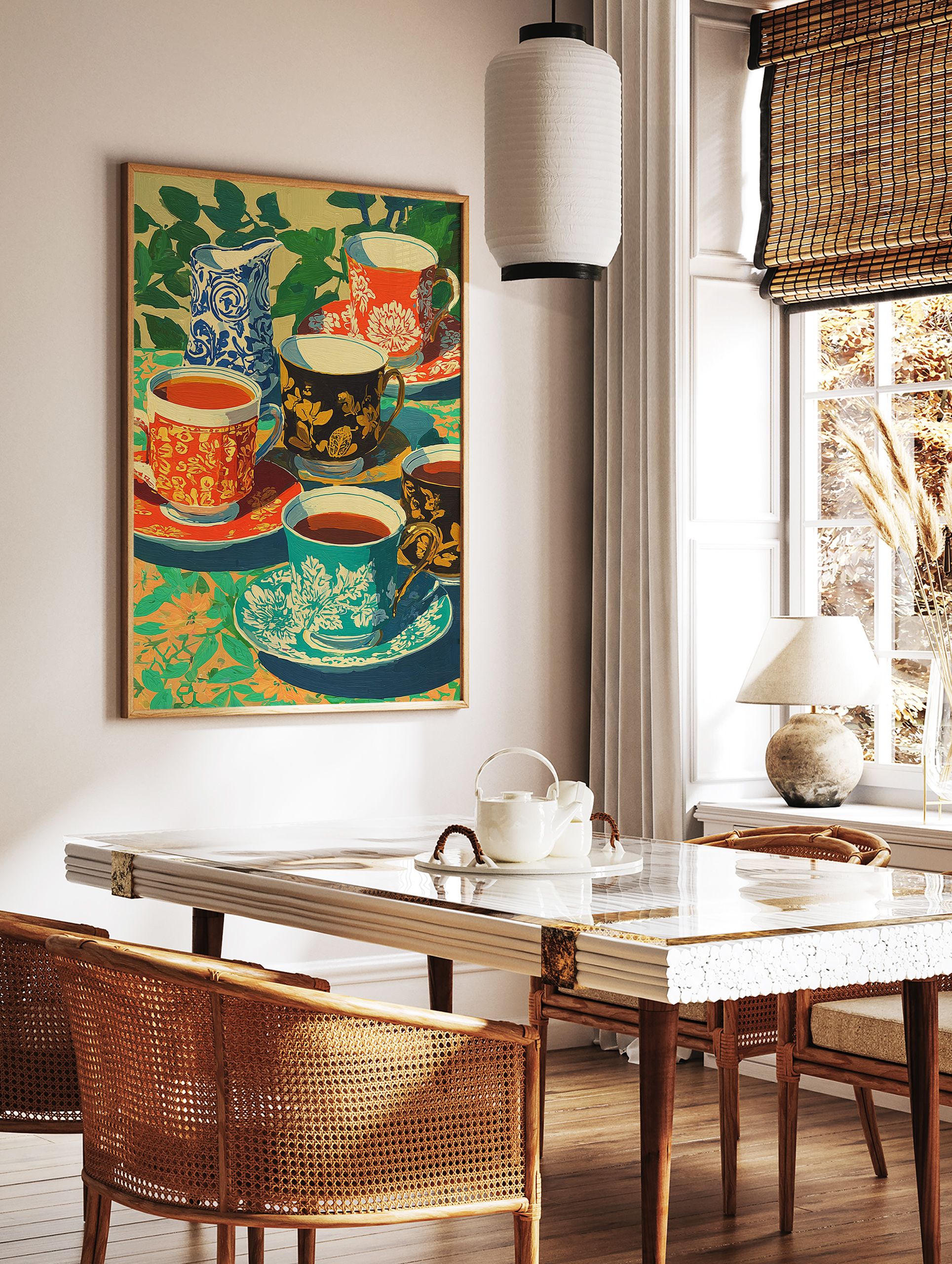 Vibrant ornate teacups poster depicting a modern still life painting with patterned cups, a blue pitcher, and green foliage. - Image 2