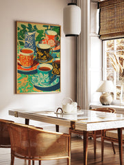 Vibrant ornate teacups poster depicting a modern still life painting with patterned cups, a blue pitcher, and green foliage. - Image 2