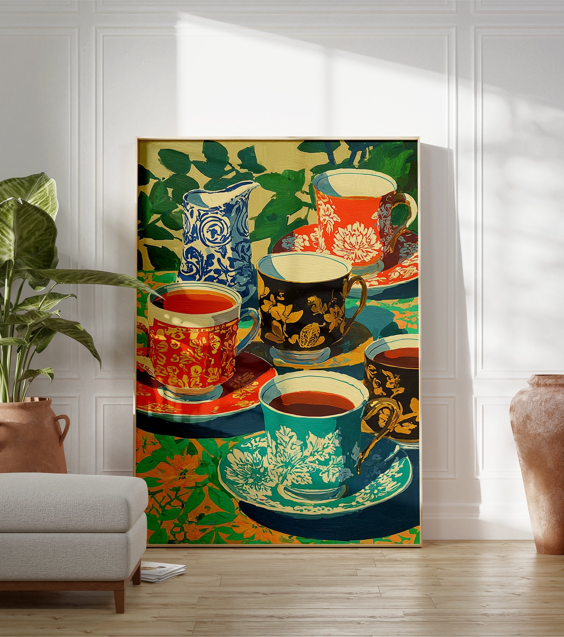 Vibrant ornate teacups poster depicting a modern still life painting with patterned cups, a blue pitcher, and green foliage. - Image 3