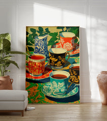 Vibrant ornate teacups poster depicting a modern still life painting with patterned cups, a blue pitcher, and green foliage. - Image 3