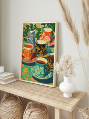 Vibrant ornate teacups poster depicting a modern still life painting with patterned cups, a blue pitcher, and green foliage. - Image 4