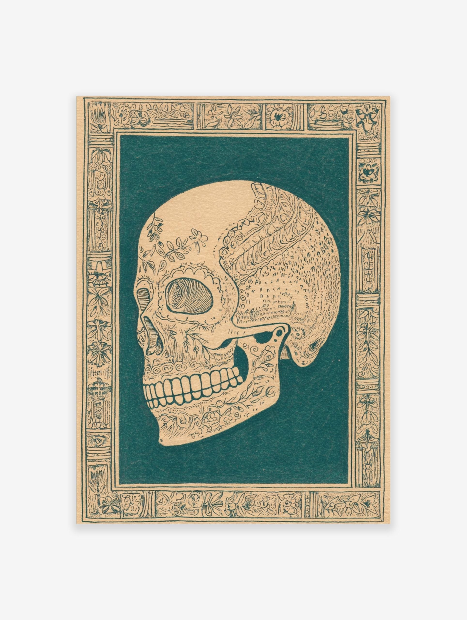 Ornate skull illustration in dark teal on beige, with intricate floral patterns and decorative border