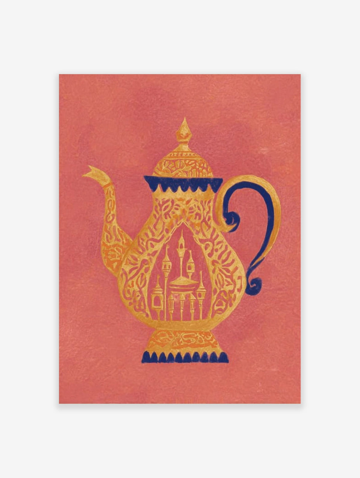 Ornate golden teapot with dark blue accents and intricate patterns on a coral background, showing a mosque within