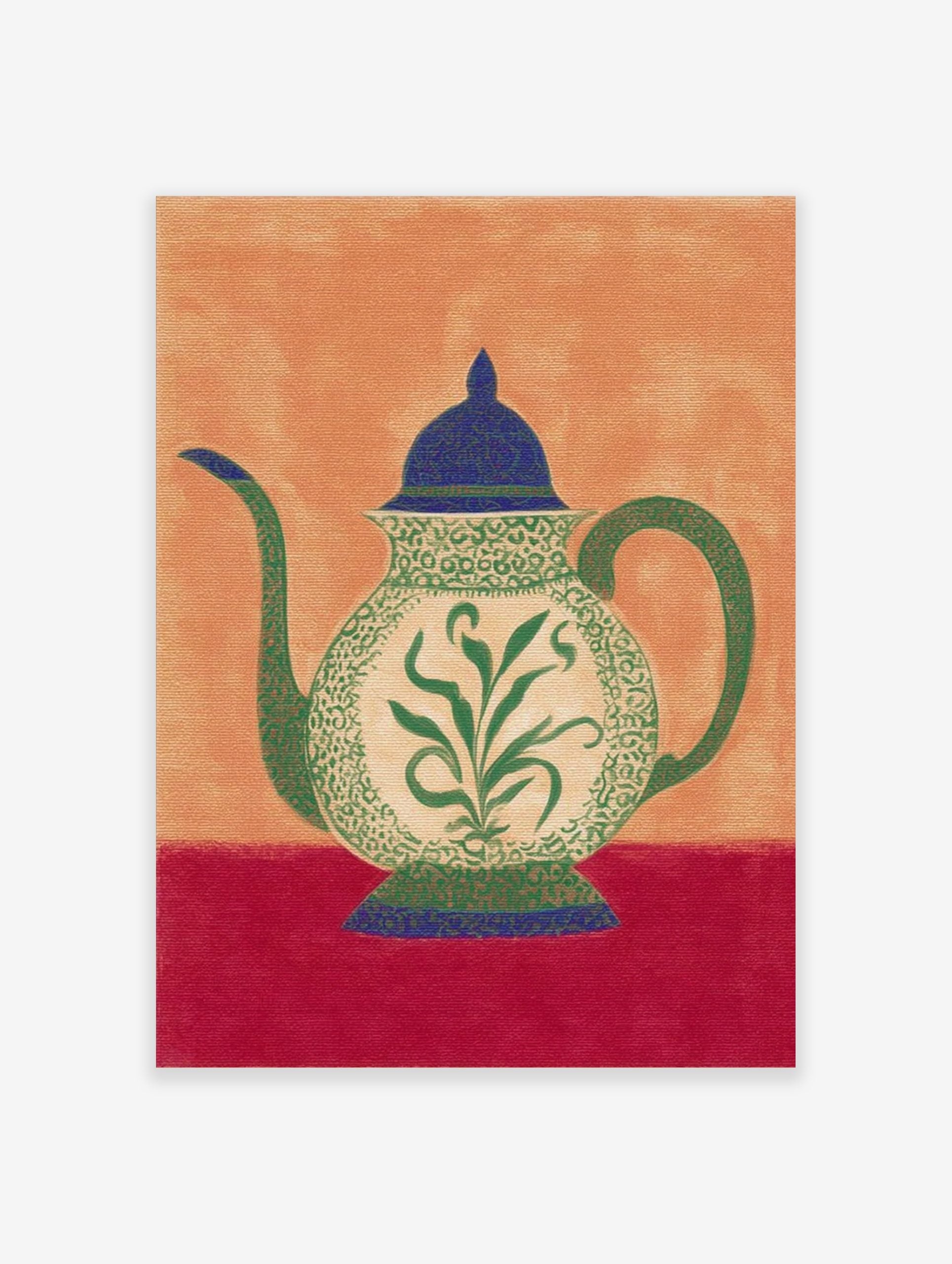 Ornate teapot illustration with green botanical pattern, blue lid, and red table on an orange background