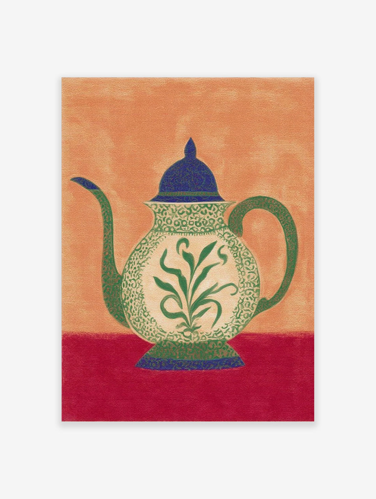 Ornate teapot illustration with green botanical pattern, blue lid, and red table on an orange background