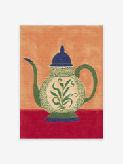 Ornate teapot illustration with green botanical pattern, blue lid, and red table on an orange background