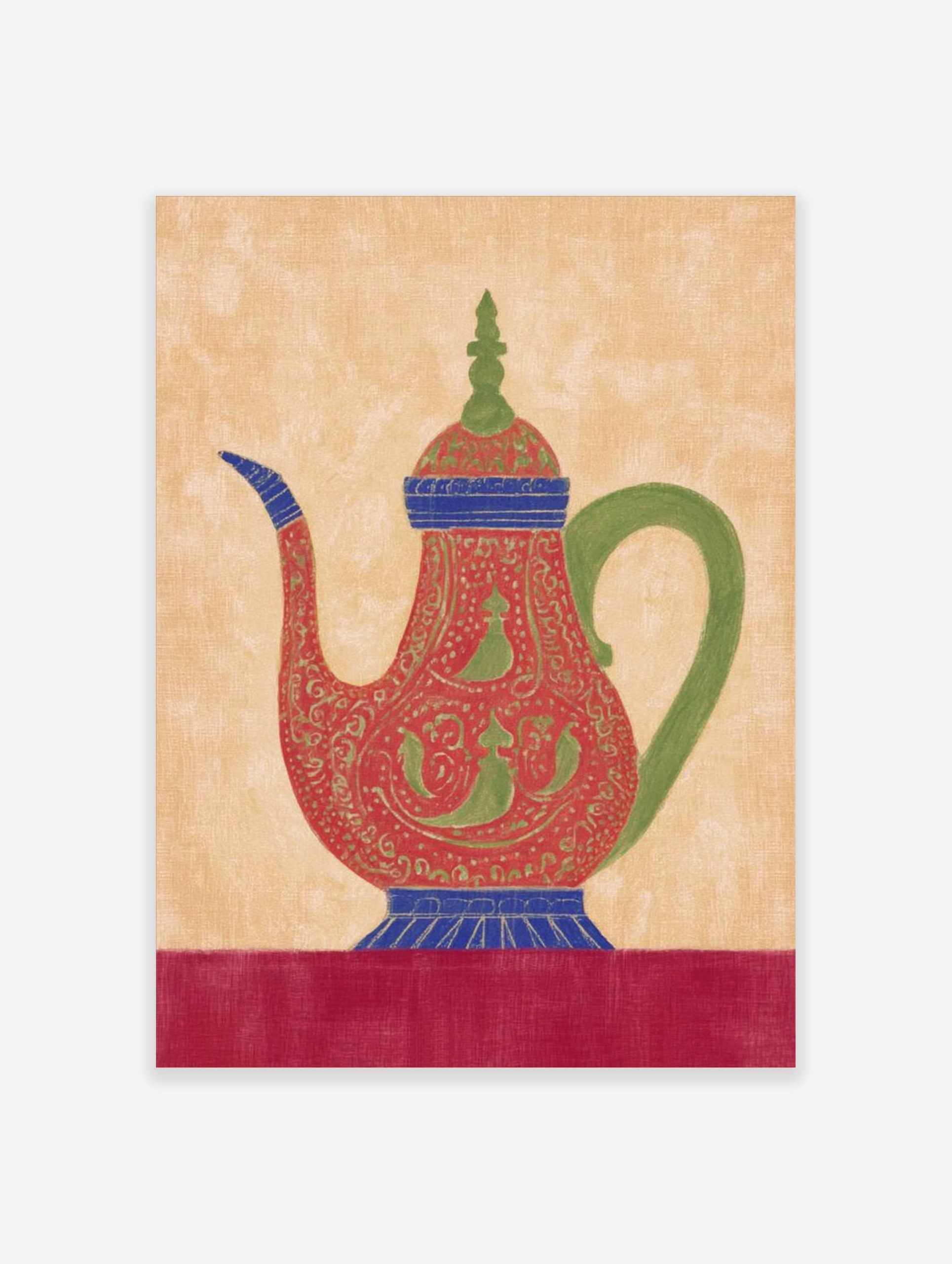 Ornate red teapot illustration with green patterns, blue accents, and a green handle on a beige background