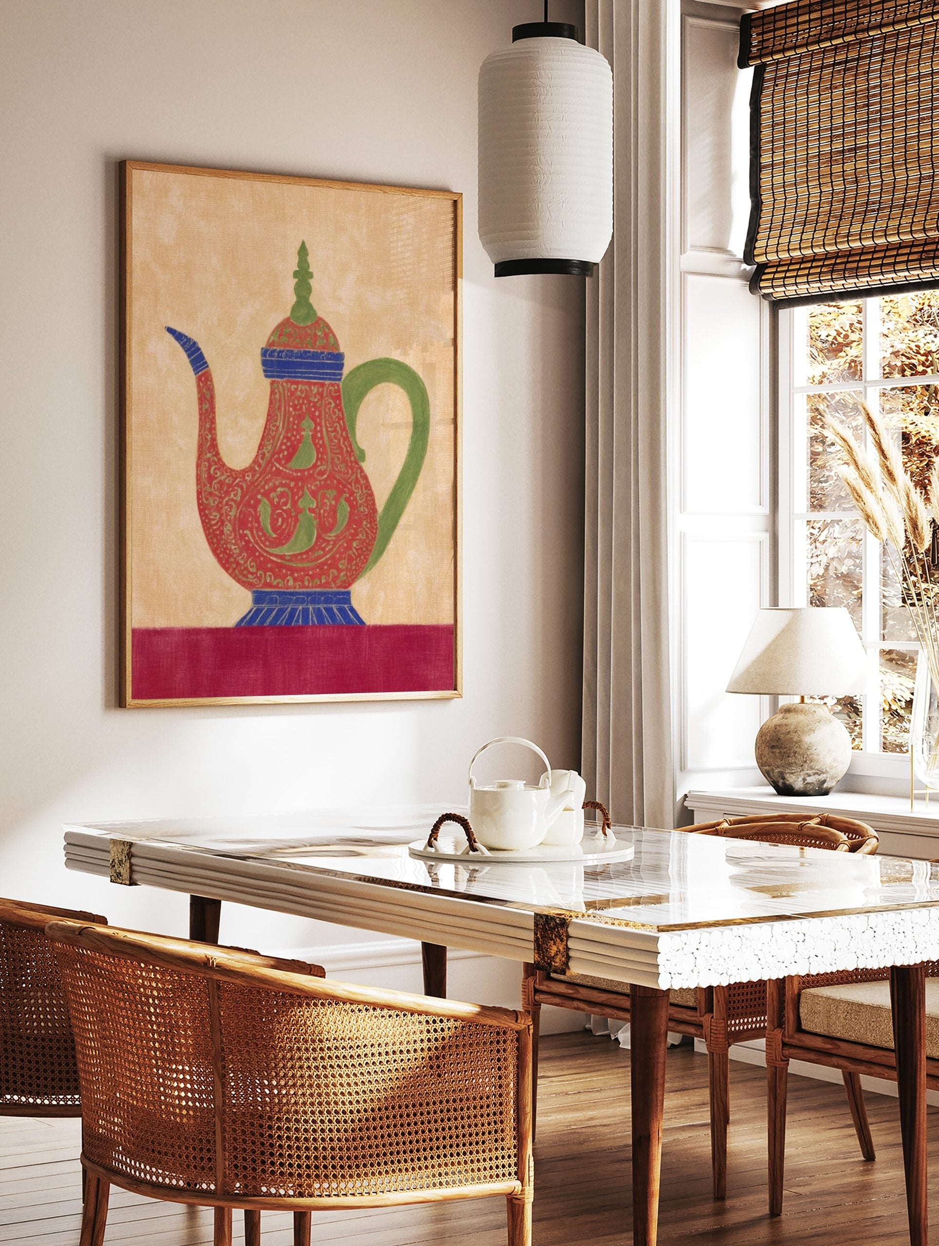 Ornate red teapot illustration with green patterns, blue accents, and a green handle on a beige, in a styled room mockup