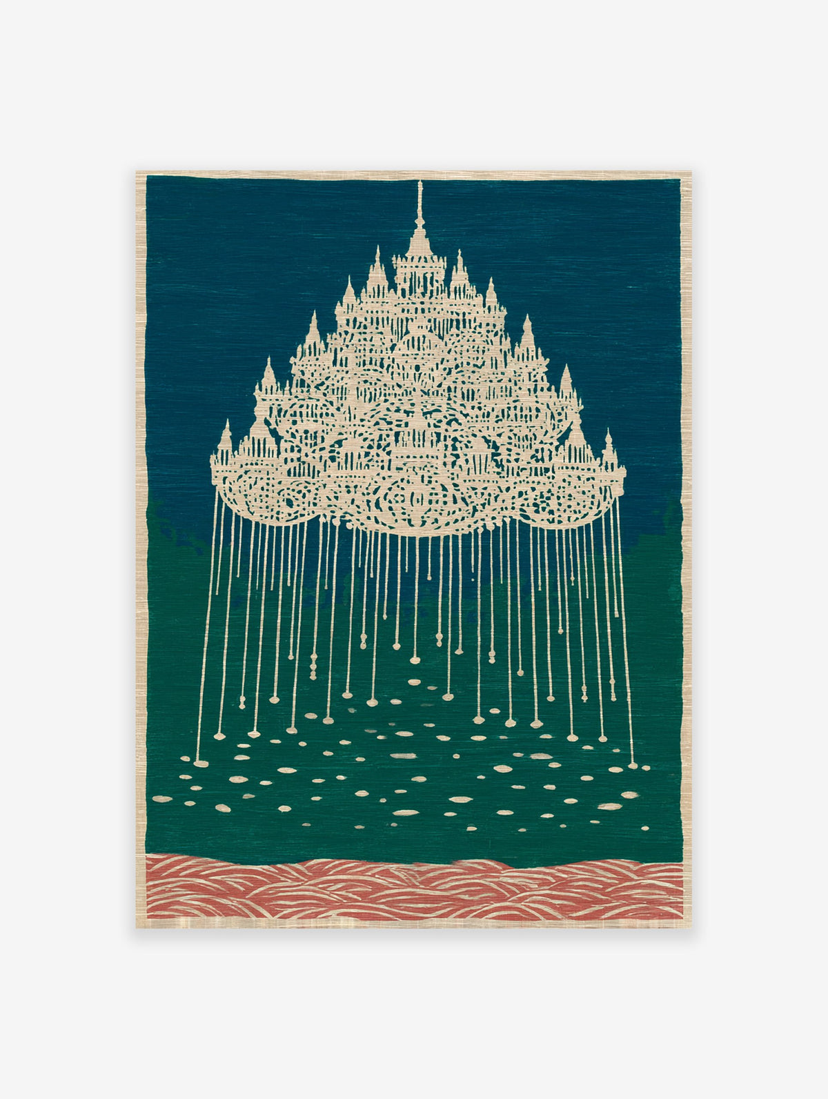 Ornate cultural wall art print with a detailed temple-like structure in light beige against a teal and green background.