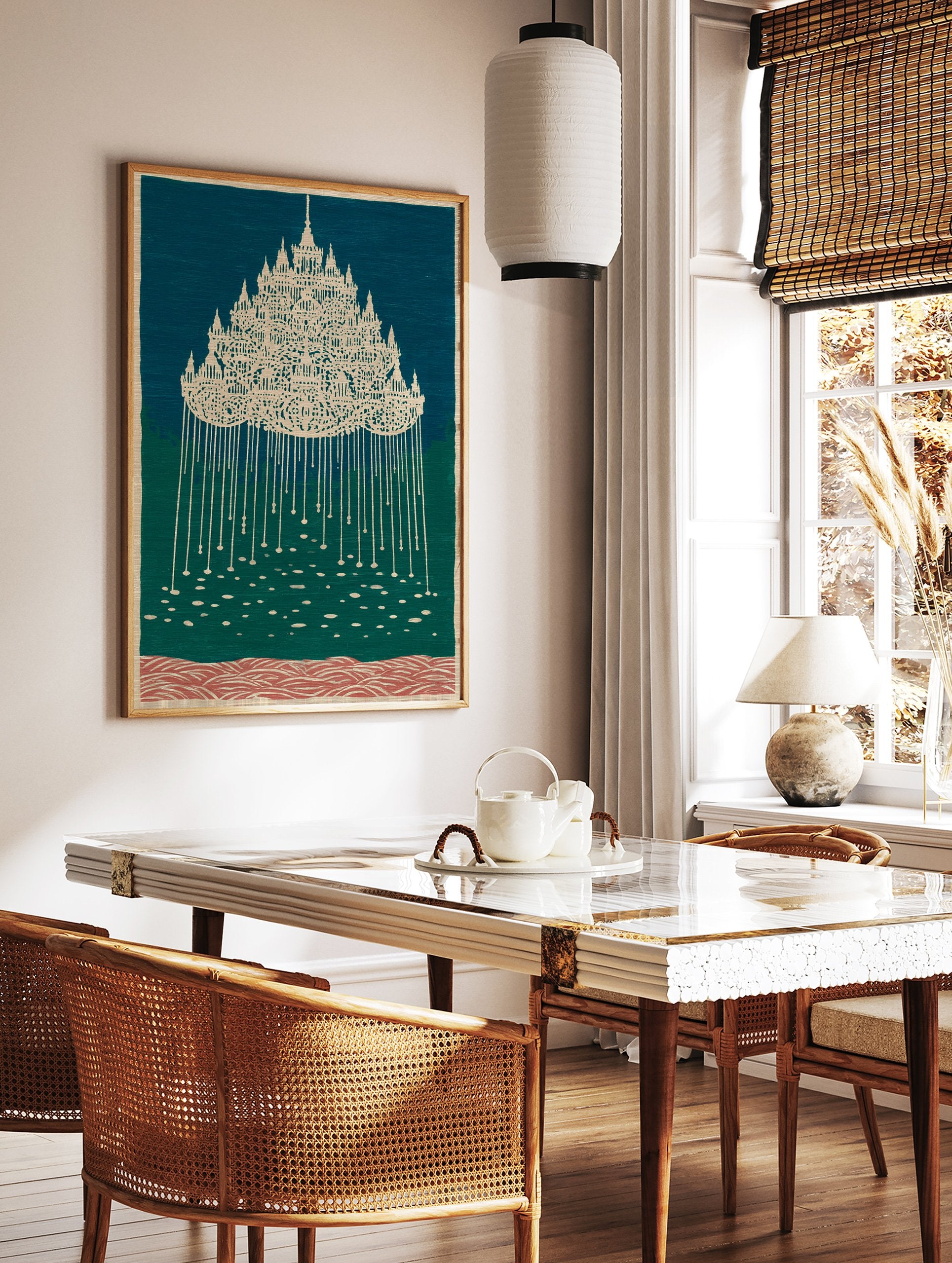 Ornate cultural wall art print with a detailed temple-like structure in light beige against a teal and green background. - Image 2