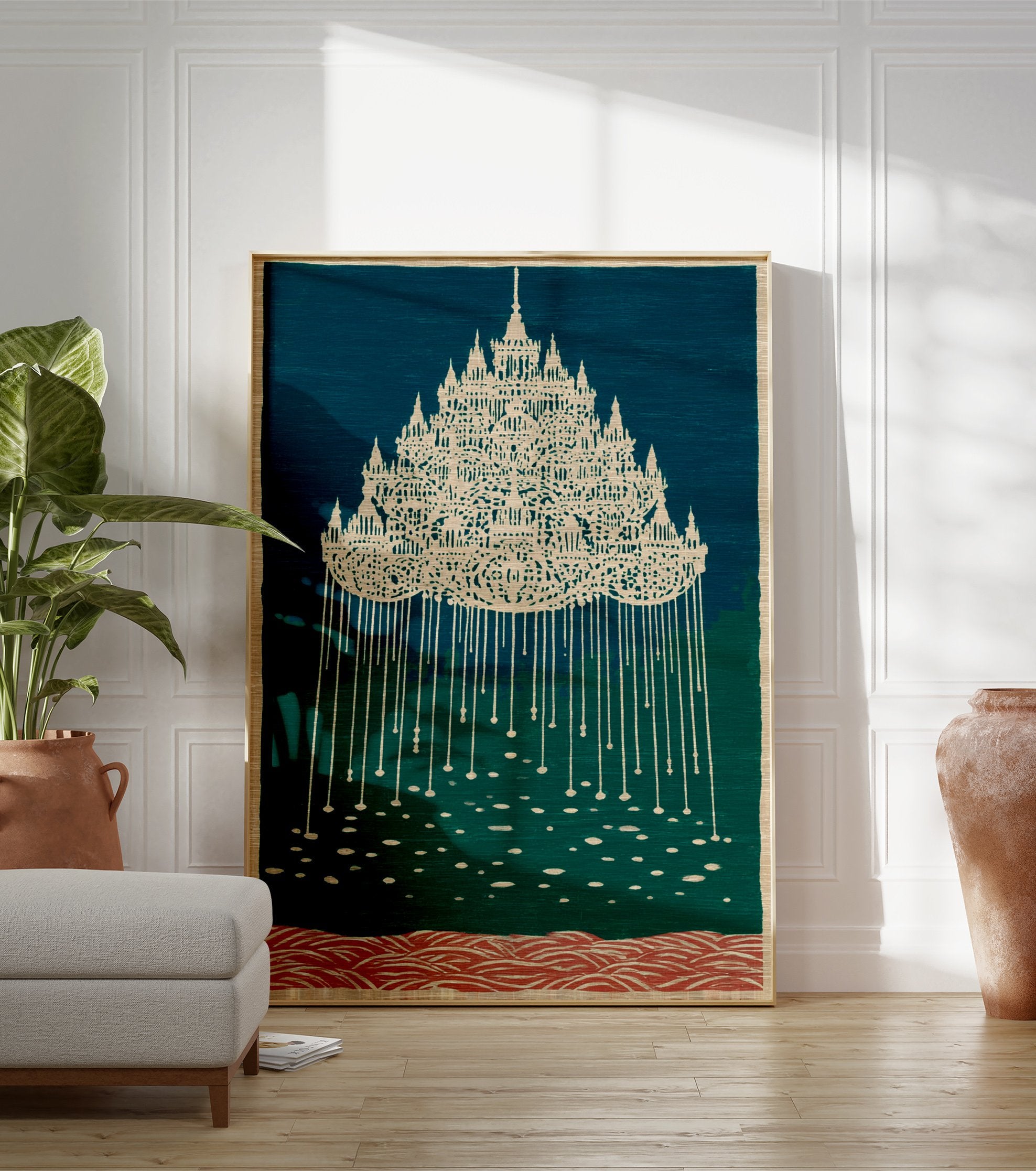 Ornate cultural wall art print with a detailed temple-like structure in light beige against a teal and green background. - Image 3
