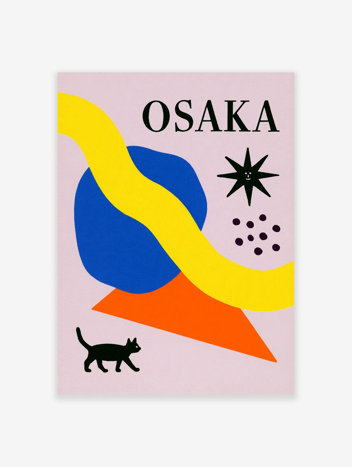 Osaka poster featuring a black cat, blue and orange abstract shapes, and a smiling star on a pale lilac background