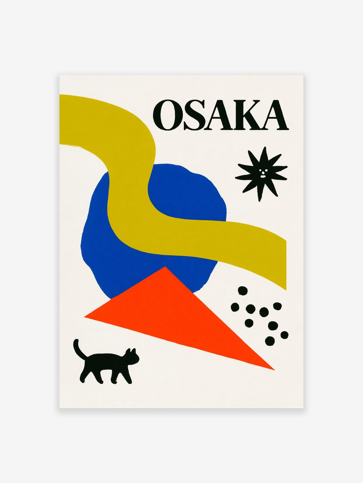 Osaka wall art print with a black cat, sun icon, blue circle, orange triangle, and yellow wave on a white background