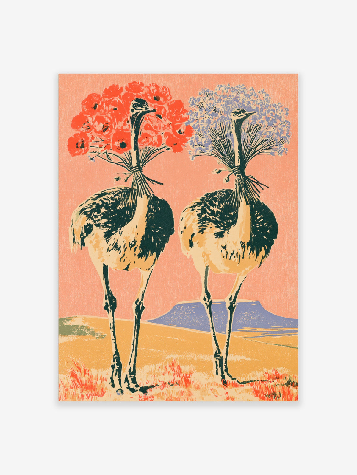 Two ostriches holding red and blue flower bouquets in their beaks, standing on a plain with a peach sky