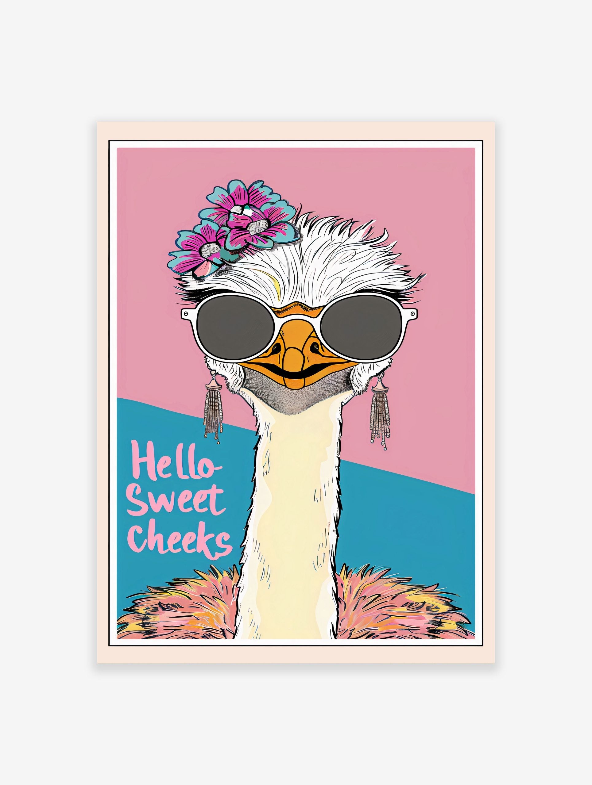 Quirky ostrich wall art wearing sunglasses and flowers, with 'Hello Sweet Cheeks' text on a pink and teal background